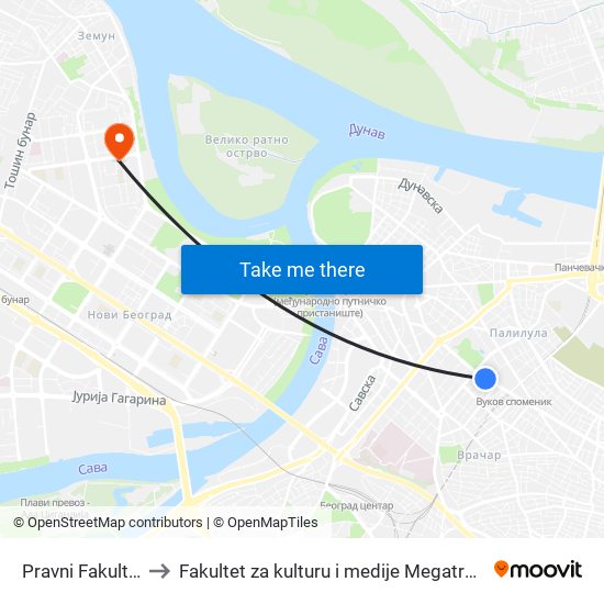 Pravni Fakultet to Fakultet za kulturu i medije Megatrend map