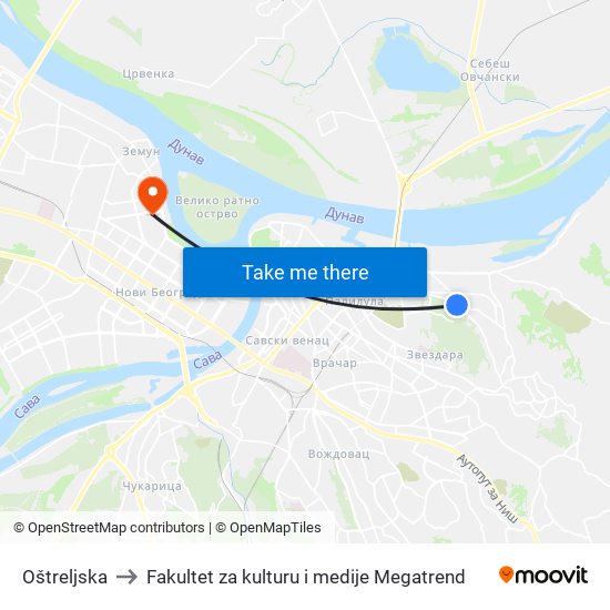 Oštreljska to Fakultet za kulturu i medije Megatrend map