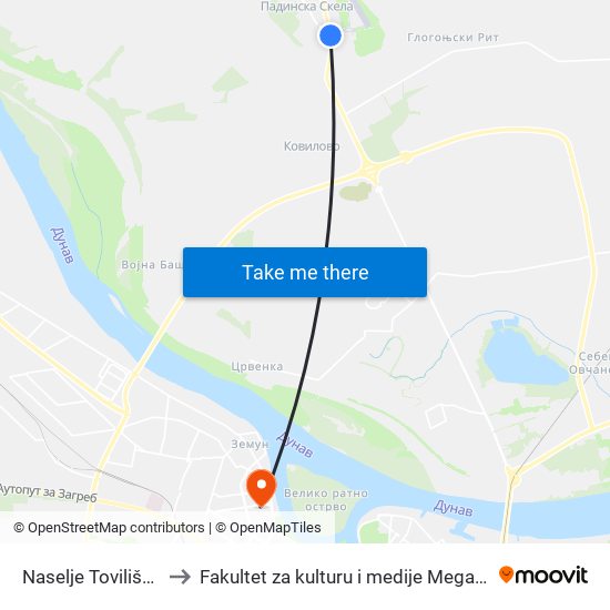 Naselje Tovilište 1 to Fakultet za kulturu i medije Megatrend map