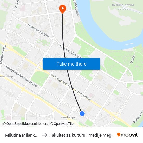 Milutina Milankovića to Fakultet za kulturu i medije Megatrend map