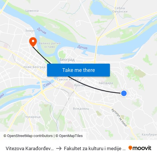 Vitezova Karađorđeve Zvezde to Fakultet za kulturu i medije Megatrend map