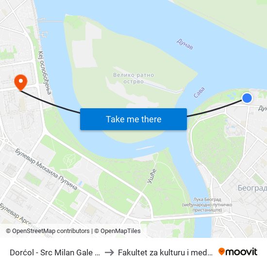 Dorćol - Src Milan Gale Muškatirović to Fakultet za kulturu i medije Megatrend map