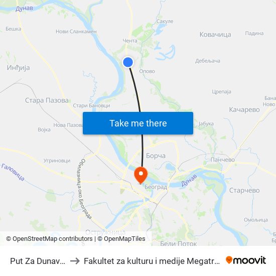 Put Za Dunavac to Fakultet za kulturu i medije Megatrend map