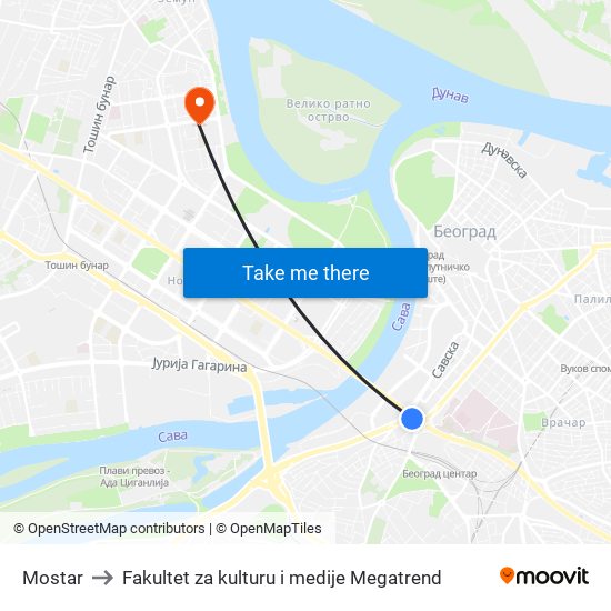 Mostar to Fakultet za kulturu i medije Megatrend map