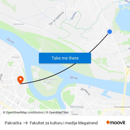 Pakračka to Fakultet za kulturu i medije Megatrend map