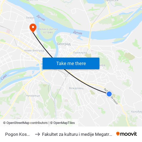 Pogon Kosmaj to Fakultet za kulturu i medije Megatrend map