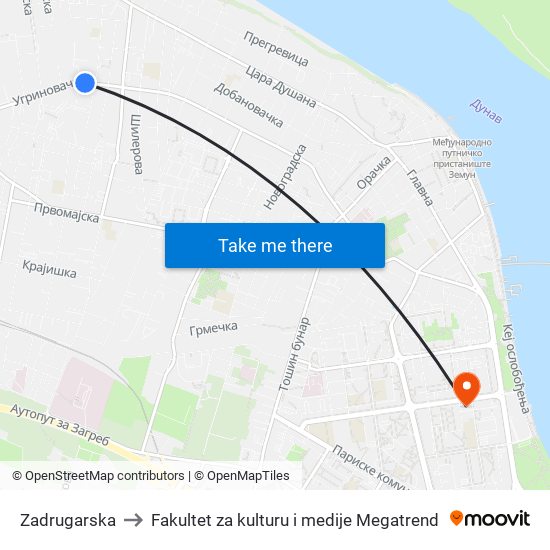 Zadrugarska to Fakultet za kulturu i medije Megatrend map