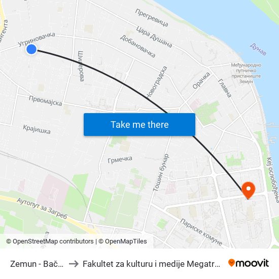 Zemun - Bačka to Fakultet za kulturu i medije Megatrend map