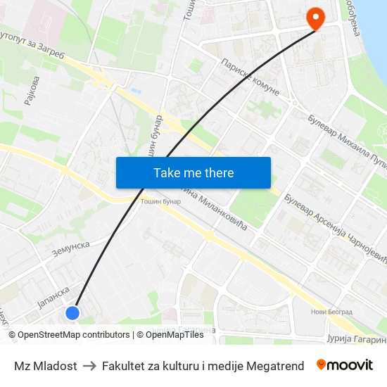 Mz Mladost to Fakultet za kulturu i medije Megatrend map