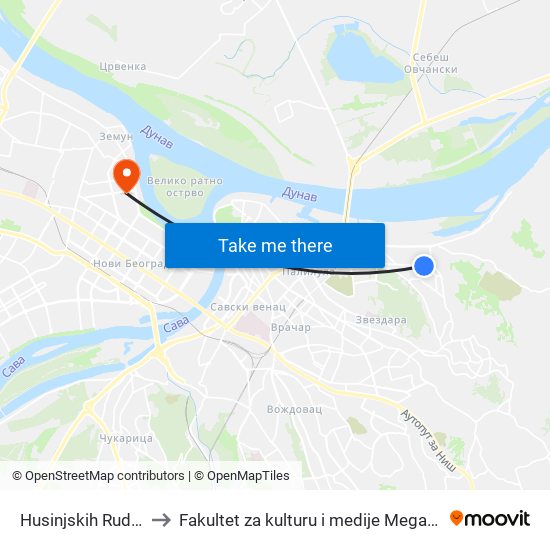 Husinjskih Rudara to Fakultet za kulturu i medije Megatrend map