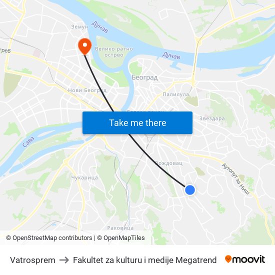 Vatrosprem to Fakultet za kulturu i medije Megatrend map