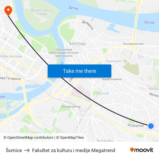 Šumice to Fakultet za kulturu i medije Megatrend map