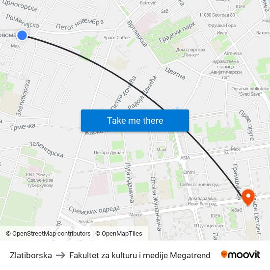 Zlatiborska to Fakultet za kulturu i medije Megatrend map