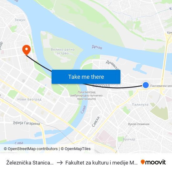 Železnička Stanica Dunav to Fakultet za kulturu i medije Megatrend map