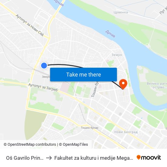 Oš Gavrilo Princip to Fakultet za kulturu i medije Megatrend map