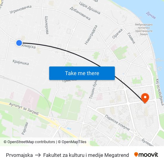 Prvomajska to Fakultet za kulturu i medije Megatrend map