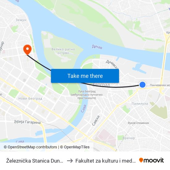 Železnička Stanica Dunav - Okretnica to Fakultet za kulturu i medije Megatrend map