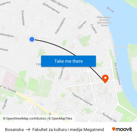 Bosanska to Fakultet za kulturu i medije Megatrend map