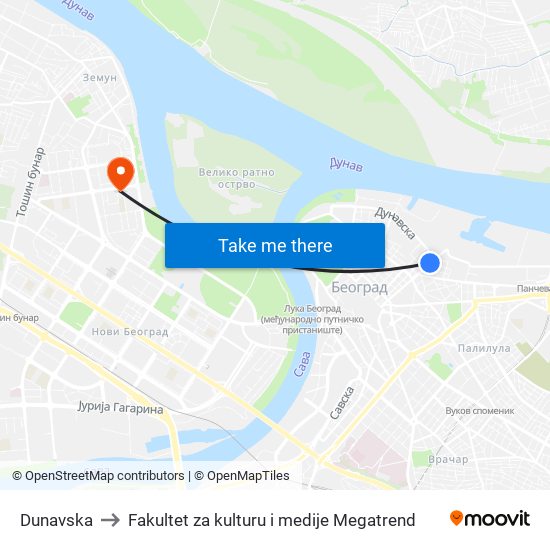 Dunavska to Fakultet za kulturu i medije Megatrend map