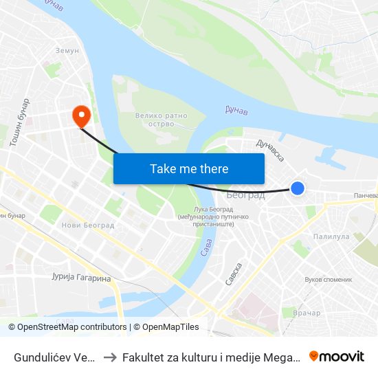 Gundulićev Venac to Fakultet za kulturu i medije Megatrend map