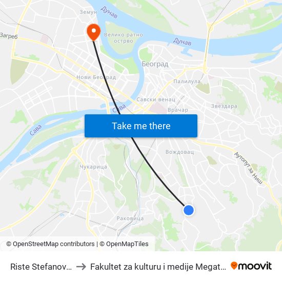 Riste Stefanovića to Fakultet za kulturu i medije Megatrend map