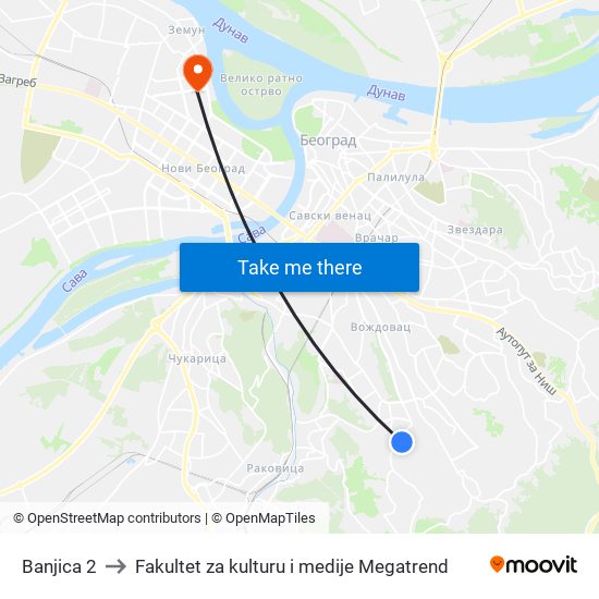 Banjica 2 to Fakultet za kulturu i medije Megatrend map