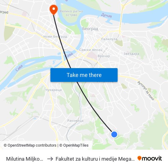 Milutina Miljkovića to Fakultet za kulturu i medije Megatrend map