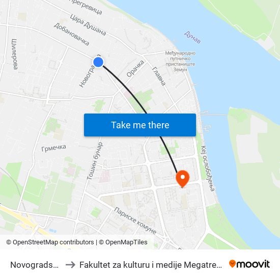 Novogradska to Fakultet za kulturu i medije Megatrend map