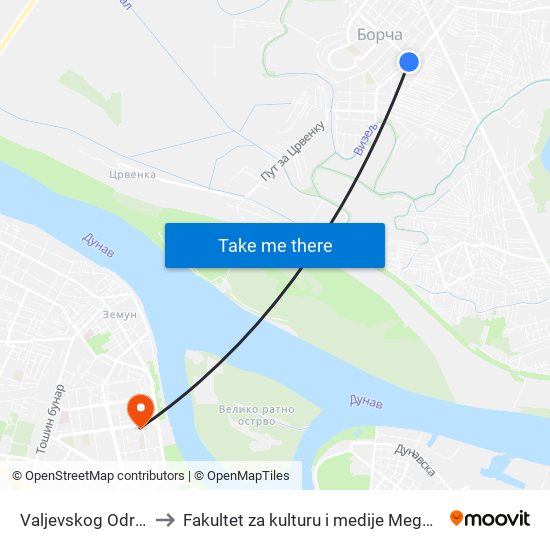 Valjevskog Odreda to Fakultet za kulturu i medije Megatrend map