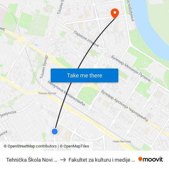 Tehnička Škola Novi Beograd to Fakultet za kulturu i medije Megatrend map