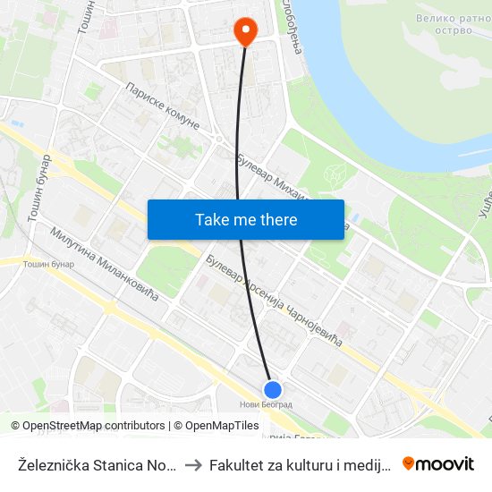 Železnička Stanica Novi Beograd to Fakultet za kulturu i medije Megatrend map