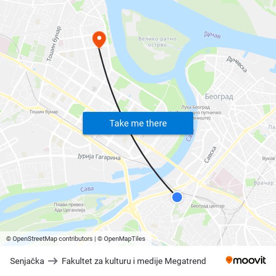 Senjačka to Fakultet za kulturu i medije Megatrend map