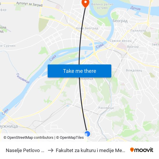 Naselje Petlovo Brdo to Fakultet za kulturu i medije Megatrend map