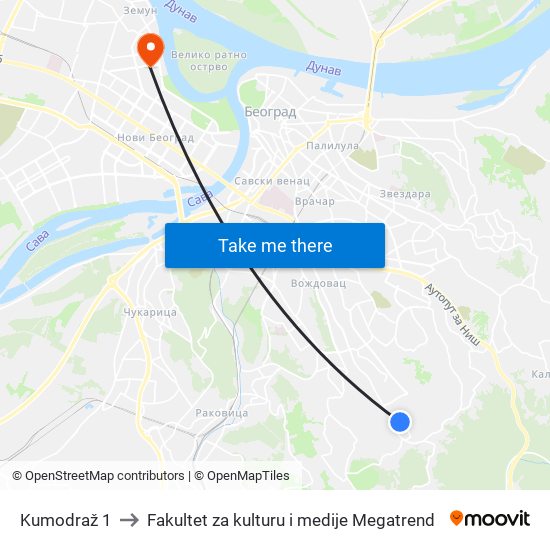 Kumodraž 1 to Fakultet za kulturu i medije Megatrend map