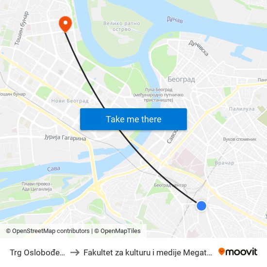 Trg Oslobođenja to Fakultet za kulturu i medije Megatrend map