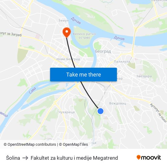 Šolina to Fakultet za kulturu i medije Megatrend map