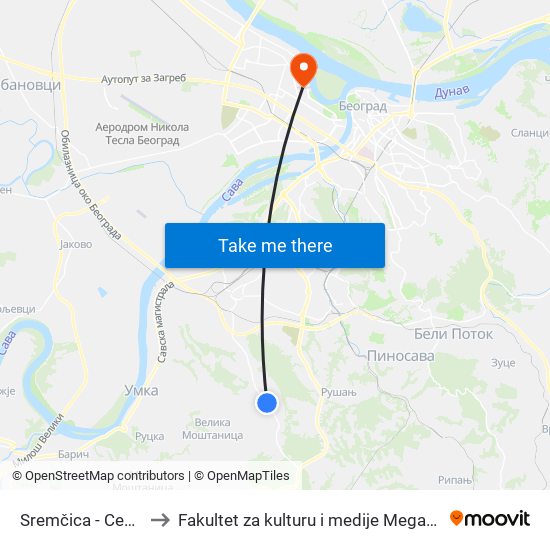 Sremčica - Centar to Fakultet za kulturu i medije Megatrend map