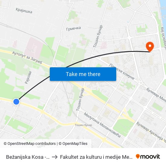Bežanijska Kosa - Izlaz to Fakultet za kulturu i medije Megatrend map