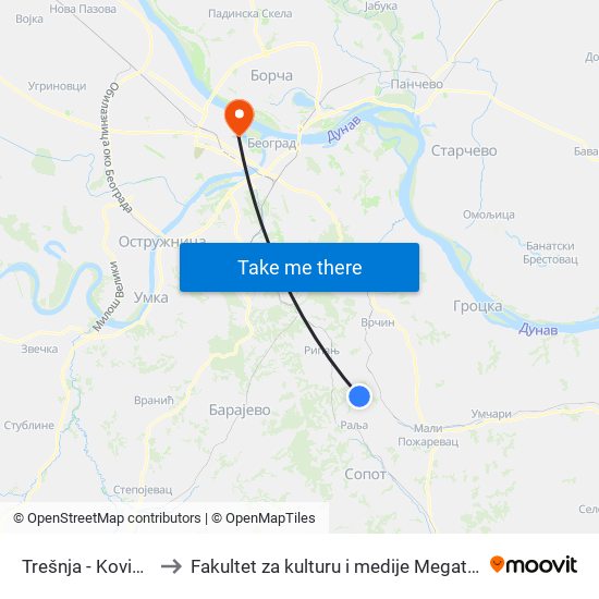 Trešnja - Koviona to Fakultet za kulturu i medije Megatrend map