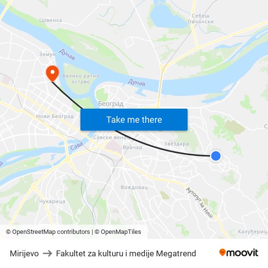 Mirijevo to Fakultet za kulturu i medije Megatrend map