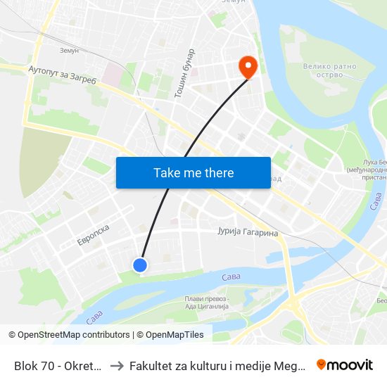 Blok 70 - Okretnica to Fakultet za kulturu i medije Megatrend map