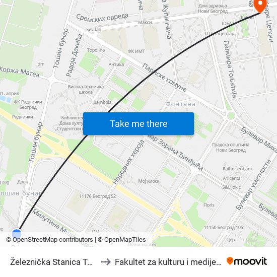 Železnička Stanica Tošin Bunar to Fakultet za kulturu i medije Megatrend map