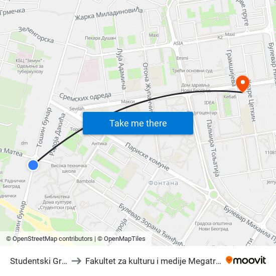 Studentski Grad to Fakultet za kulturu i medije Megatrend map