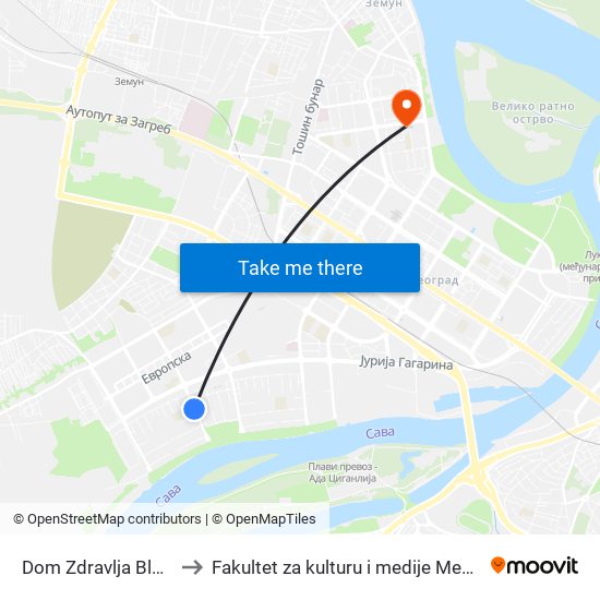 Dom Zdravlja Blok 44 to Fakultet za kulturu i medije Megatrend map