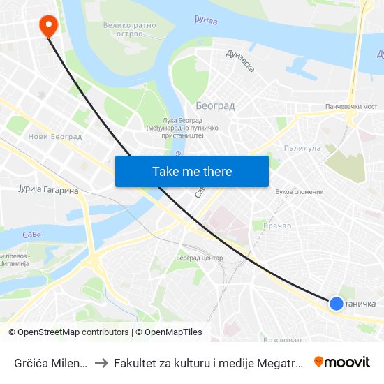 Grčića Milenka to Fakultet za kulturu i medije Megatrend map