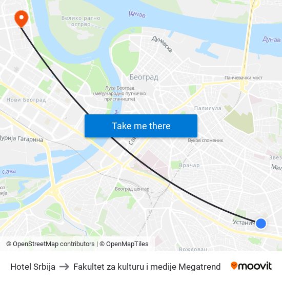 Hotel Srbija to Fakultet za kulturu i medije Megatrend map