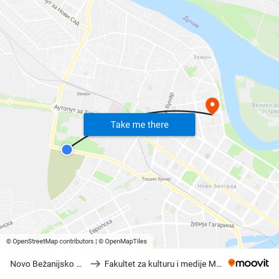 Novo Bežanijsko Groblje to Fakultet za kulturu i medije Megatrend map