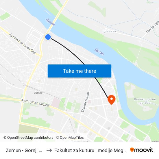Zemun - Gornji Grad to Fakultet za kulturu i medije Megatrend map