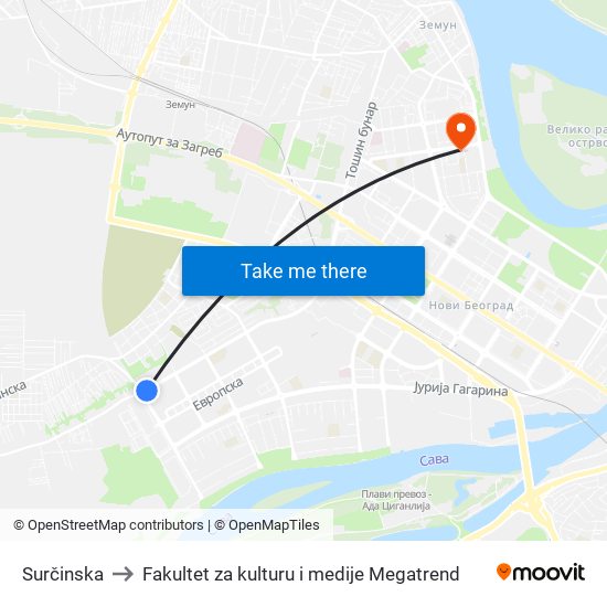 Surčinska to Fakultet za kulturu i medije Megatrend map