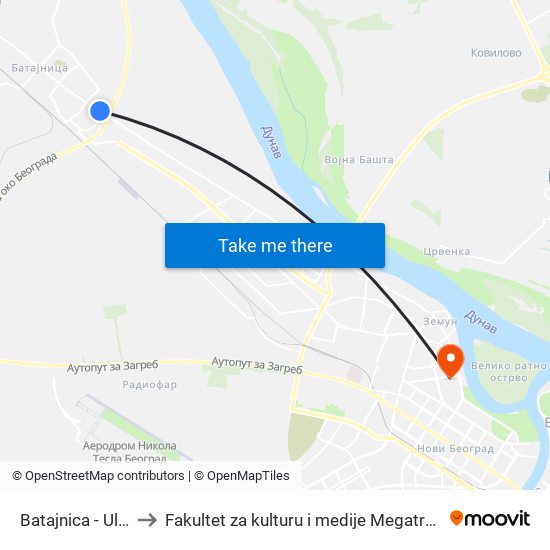 Batajnica - Ulaz to Fakultet za kulturu i medije Megatrend map